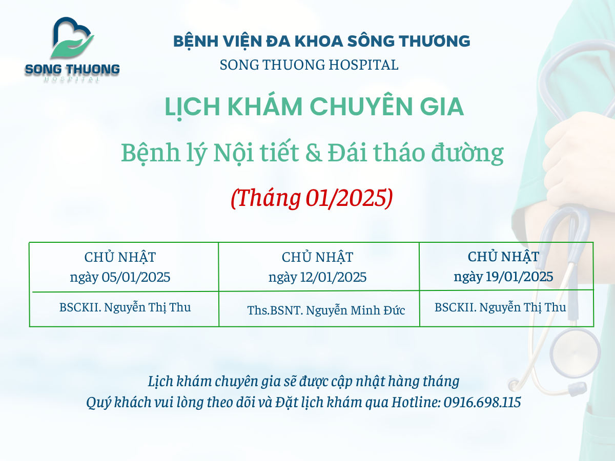 CẬP NHẬT LỊCH KHÁM CHUYÊN GIA NỘI TIẾT VÀ ĐÁI THÁO ĐƯỜNG - THÁNG 01/2025 